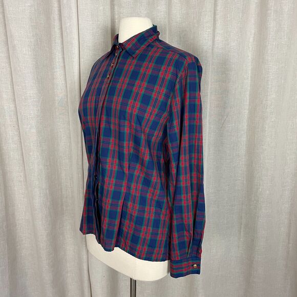 Vintage Blouse Womens Size 10 Red Blue Plaid Tartan Long Sleeve Henley Button - Picture 8 of 14
